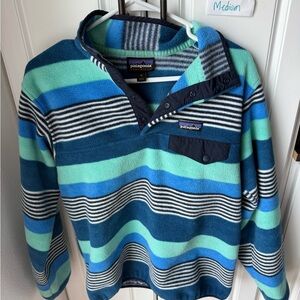 Patagonia medium Blue and Green Striped synchilla Snap Pullover